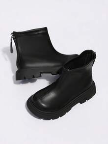 1 Pair Girls' Maillard Black Back Zipper Thick Sole Ankle Boots, Suitable For Autumn/Winter Daily Outings, Shopping, Vacation - Black - View 4