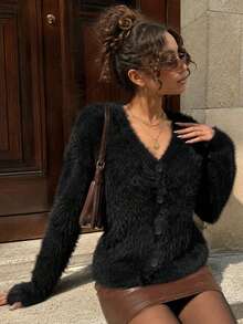 Women's Fall Winter Black Imitation Mink Knit Cardigan,V Neck Button Front Long Sleeve Sweater,Soft Daily Versatile Cardigan, Casual Vacation Outfit - Black - View 9