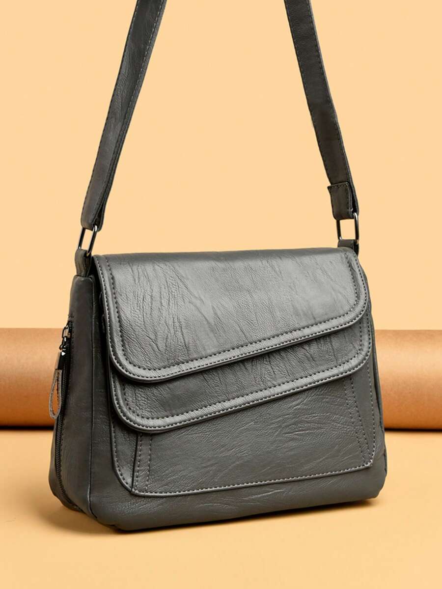 High-Quality PU Leather Women's Fashion Shoulder Bag, Luxury Designer Small Handbag, Flap Crossbody Bag, Small Tote Bag - Grey - View 1