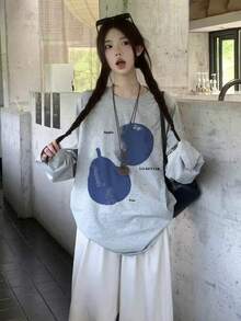 Women's Fashion Autumn/Winter Loose Round Neck Casual Versatile Fruit Print Long Sleeve T-Shirt - Light Gray - View 1