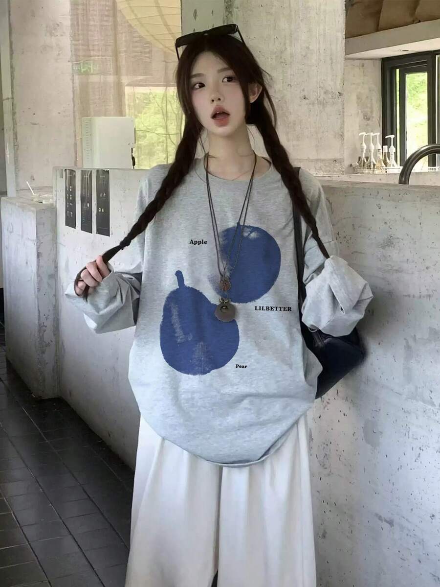 Women's Fashion Autumn/Winter Loose Round Neck Casual Versatile Fruit Print Long Sleeve T-Shirt - Light Gray - View 1