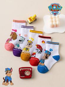 1/5/10 Pairs Paw Patrol Colorful Striped Kids Socks, Simple Puppy Design, Winter Mid-Calf Socks, Fun Christmas Children's Socks - Multicolor - View 1