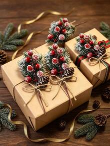 10/5/1pc Artificial Red Berry Branches, Plant Bouquet With Pine Branches And Jute Rope Bow, Suitable For Garden, Balcony, Yard Decoration, Wedding, Mother's Day, Christmas Tree Decoration, Bouquet Wreath, Holiday Decoration, Ideal For Home, Hotel And Holiday Scenes - Multicolor - View 6