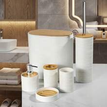 Bathroom Accessories Set 4 Pcs/6 Pcs, Wash Set With Bamboo Lid Opposite Straps/EssentialsBath Accessories, DecorationBathrooms - White - View 3