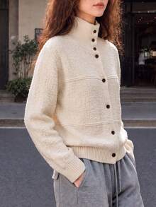 Cardigan Rajut Wanita Gaya Minimalis Musim Gugur/Dingin dengan Kerah Tegak/Lipat - Krem - View 4