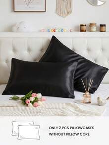 2pcs Premium Silky Satin Envelope Pillowcases, Soft And Breathable, Wrinkle-Resistant, Gentle On Hair And Skin, Enhances Sleep Quality, Pillow Insert Not Included, Machine Washable, Black - Black - View 2