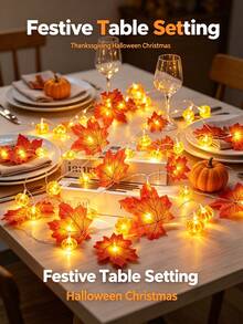 Halloween Thanksgiving Maple Leaf Pumpkin LED Light String Warm Light Battery-Powered Dual Lighting Mode Home Party Indoor Table Room Autumn Seasonal Festival Atmosphere Decorative Lamp - Maple Leaf Pumpkin Lantern - View 7
