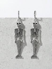 1 Pair Halloween New Vintage Alloy Mermaid Skeleton Pendant Earrings For Women - Silver - View 4