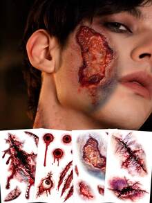 4 buah Stiker Tato Sementara Bekas Luka Halloween Y2K Merah untuk Anak Laki-laki dan Perempuan, Tahan Air dan Keringat, Mudah Diaplikasikan - Merah - View 11