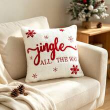 LCUHPCL 1pc Christmas Jingle All The Way And Snowflake 3D Embroidered Plush Pillowcase, Home Decor For Sofa, Bedroom, Living Room, Daily Use, Party And More - Red - View 5
