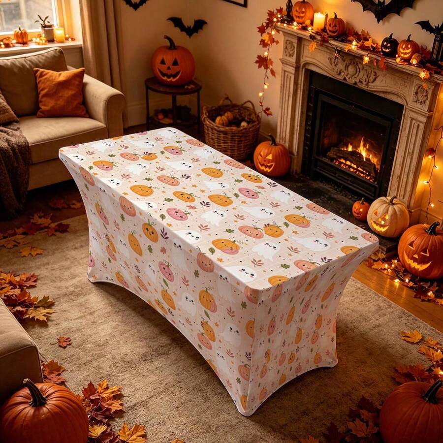 1pc Ghost Pumpkin Pattern Printed High Elasticity Tablecloth With Elastic Band - Stretchable Fit, Washable And Reusable Table Cover For Dining Table, Buffet Table, Dessert Table, Banquet, Holiday Party Decoration, Halloween, Birthday, Wedding - Suitable For Kitchen Use - Multicolor - View 1