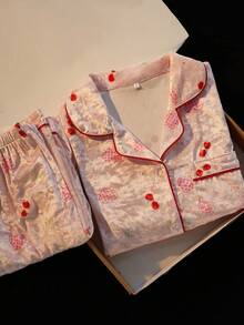 Women's Autumn/Winter Heart & Cherry Pattern Velvet Trim Front Pocket Long Sleeve Pants Pajama Set Loungewear - Baby Pink - View 8