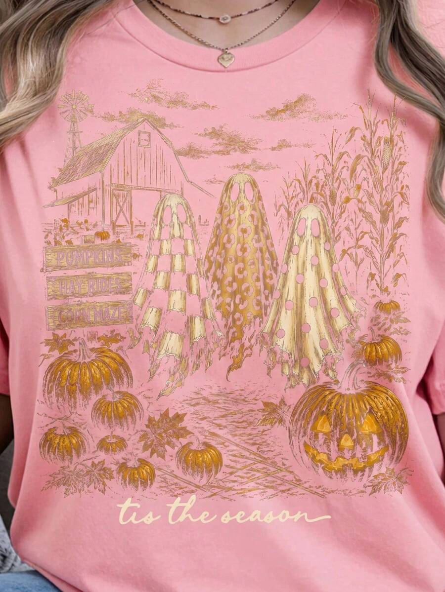Trio Of Retro Halloween Ghosts, Retro Theme With Ghosts And Autumn Squash - Pink - View 1