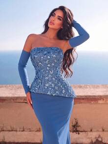 Elegantes trägerloses langes Meerjungfrau-Rock für Damen, mit Pailletten-Details und Ärmeln verziert, luxuriöser gestrickter formeller Abendkleid für Party und Hochzeit - Graublau - Übersicht 6