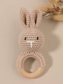 1pc Handmade Crochet Beech Wood Ring Rattle Bunny Bear Handheld Toy, Pink, Blue, White, Khaki, Camel - Multicolor - View 9