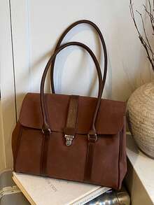 女款 Satchel 手提托特包，純色麂皮 PU 拼接材質，金屬鎖扣，長頂部手柄，大容量，復古風，適合辦公工作與日常通勤 - 咖啡 - 查看 9