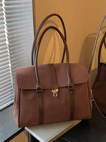 女款 Satchel 手提托特包，純色麂皮 PU 拼接材質，金屬鎖扣，長頂部手柄，大容量，復古風，適合辦公工作與日常通勤 - 咖啡 - 查看 5