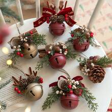 1pc Christmas Bell Ornament, Christmas Tree Hanging Decoration With Pine Needles, Berries, Bow And Rope, Vintage Metal Bell Pendant, Suitable For Holiday Party, Gift Box, Door Handle Decoration - Multi-color - View 3