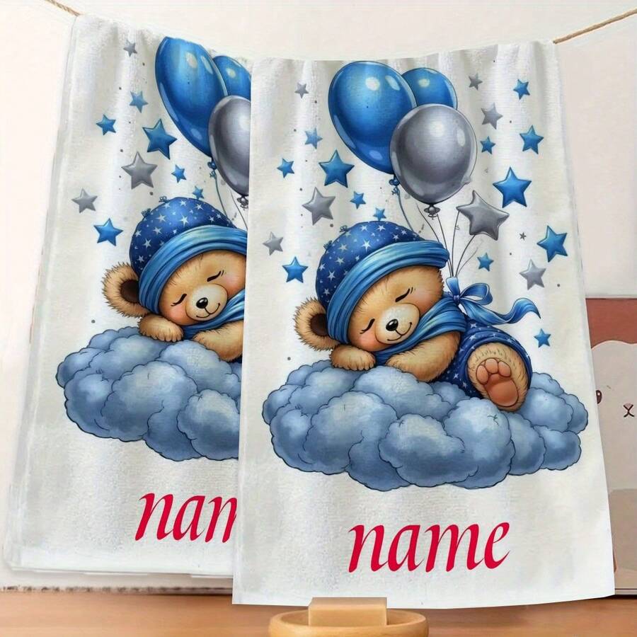 2Pcs, Cartoon Style Teddy Bear Pattern Anime Towel, Striped Design, Bathroom Towel, Absorbent QuickDry Towel, Nordic Minimalist Style Towel, Suitable For Anniversaries, Travel, Parties, Gifts, Thanksgiving, Christmas, New Year, Halloween - Multicolor - View 1