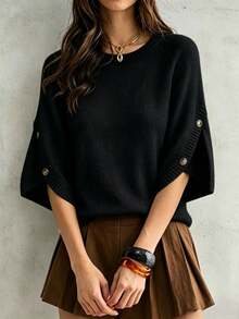 Women's Casual Autumn/Winter Solid Beige Round Neck Batwing Sleeve Knit Top, Button Design Pullover Sweater, Suitable For Daily Office Commute - Black - View 2
