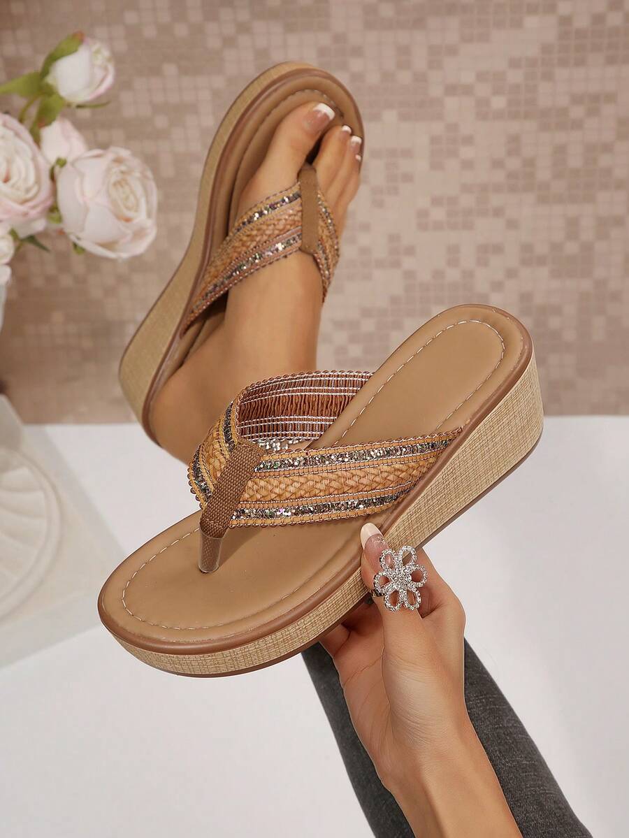 Women Double‑Buckle Rhinestone Wedge Slide Sandals, Open‑Toe Slip‑On Woven Platform Summer Slippers - Brown - View 1