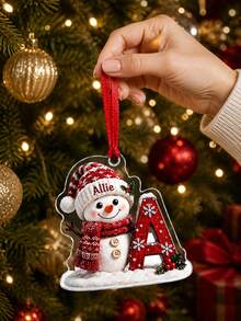 1pc Custom Text Snowman With Initial Letter Christmas Hanging Ornament, Knit Hat Scarf Snowman, Snowflake Holly Berry Decor, Personalized Custom Name, Christmas Tree Ornament, Christmas Gift, Custom Souvenir Gift For Family Friends - Multicolor - View 4