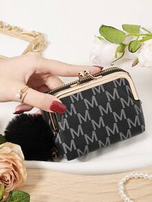 With A Pom-Pom Charm, New Letter Printed Card Bag Can Be Split And Used As A Multifunctional Large Capacity Storage Bag - Black - View 3