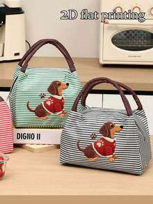 Cute Dachshund Striped Lunch Bag With Utensil Storage, 2D Flat Pattern, Portable Insulated Lunch Bag, Handheld Lunch Bag, Multi-Functional Thermal Bag, Office Lunch Bag, Suitable For School, Picnic, Commute, Reusable, Waterproof Lunch Box, Back To School Essential, Unique Party Gift, Back To School Gift, New Job Gift, Birthday Gift - Multicolor - View 6