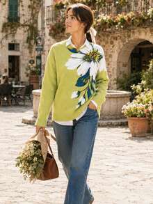 Women's Lightweight Floral Print Sweater - Multicolor Flower Pattern, Casual Crew Neck Long Sleeve Top Fall Vacation - Green - View 6