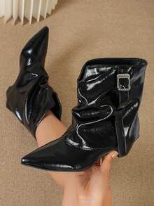 Vintage Pointed Toe Western Ankle Boots For Women, Autumn/Winter Leather Belt Buckle Design, Niche Fashion Chunky Heel, Hot Girl Style - Black - View 7