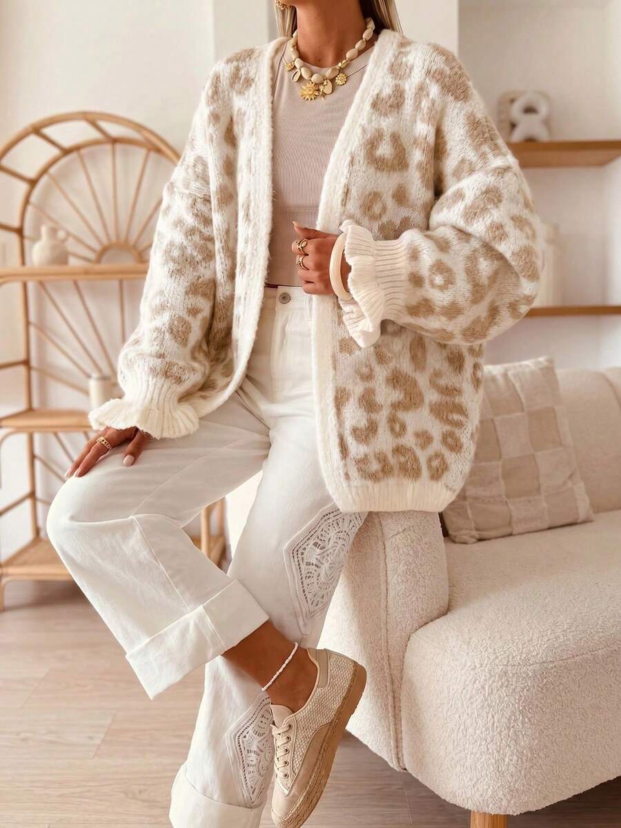Women's Colorblock Leopard Print Jacquard Ruffle Cuff Autumn/Winter Casual Chic Lazy Versatile Knit Long Sleeve Cardigan - Multicolor - View 1