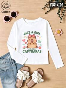Girls Cotton Raglan Long Sleeve Tee For Fall Winter, Cute Cartoon Capybara With Red Polka Dot Bow And Colorful Hearts Flowers Print, Sweet Preppy - White - View 3