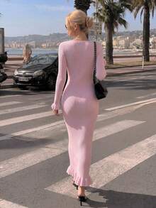 ALA Women's Autumn Light Nude Pink Deep V-Neck Hollow Out Frog Button Long Sleeve Knit Dress, Street Style Dating Vacation Slimming Elastic Fall - Pink - View 9