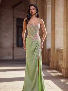 Anymoon Women's Floral Embroidered Pleated Elegant Spaghetti Strap Evening Gown - Green - View 2