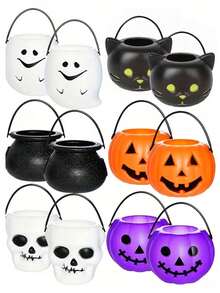 Bộ 6 xô nhựa mini hình bí ngô Halloween có tay cầm, xô Trick or Treat Halloween họa tiết vạc, ma và đầu lâu, phù hợp làm quà tặng tiệc Halloween và trang trí Ngày Lễ Người Chết - Nhiều màu - Xem 1