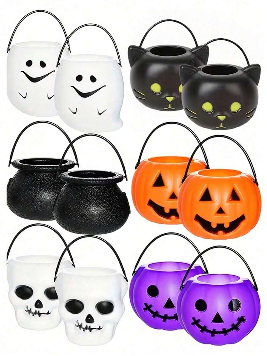Bộ 6 xô nhựa mini hình bí ngô Halloween có tay cầm, xô Trick or Treat Halloween họa tiết vạc, ma và đầu lâu, phù hợp làm quà tặng tiệc Halloween và trang trí Ngày Lễ Người Chết - Nhiều màu - Xem 1