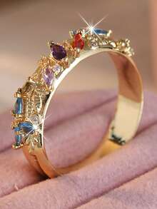 Gmzalx Vintage Glamorous Leaf-Shaped Colorful Jewelry Ring, Gold-Tone Band With Exquisite Engraved Leaf Pattern, Artistic Heavy-Duty Jewelry - Multicolor - View 5