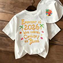 Vacation Cotton Short Sleeve T‑Shirt, Front Back Palm Flower Spanish Slogan Print Tee For Travel Casual Wear - White - View 1