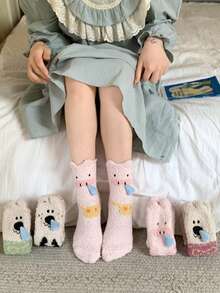 5 Pairs Women's Fuzzy Socks, Cute 3D Cartoon Animal Round Toe Socks, Suitable For Comfortable Sleep Socks, Used For Bedroom Rest And Home Relaxation - Multicolor - View 8