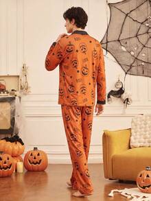 Notgurli 4-Piece Couples' Set: Women's & Men's Halloween Pajamas Button-Front Loungewear Fun Comfortable Pumpkin-Print Loungewear For Autumn/Winter - Multicolor - View 4