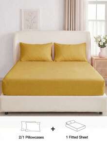2/3pcs Solid Color Fitted Sheet Mattress Protector Mattress Cover Deep Pocket Bed Sheet Soft Breathable Suitable For All Bed Sizes Twin/Full/Queen/King 9-12inch/25cm Deep Pocket Machine Washable Mustard Yellow - Mustard Yellow - View 2