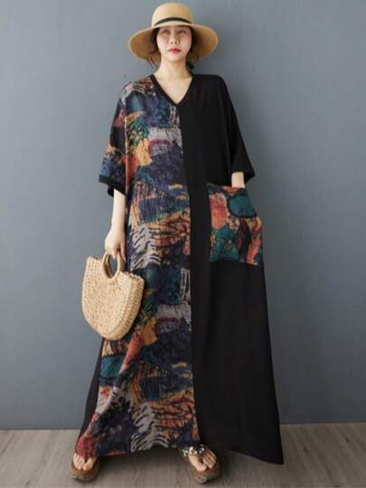 AZAH Halloween Elegant Party Top, Bohemian Casual Vacation Elegant Black Long Dress, 2026 Summer V-Neck Short Sleeve Loose Colorblock Beach Vacation Dress,