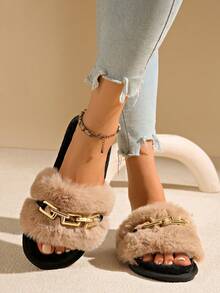 Gentle Home Women Camel Fluffy Faux Fur Open Toe Slide Slippers, Gold Tone Chain Decor Plush Lined Flat Cozy Indoor Daily Slides - Camel - View 3
