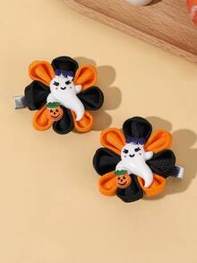 2pcs Halloween Ghost Pumpkin Hair Clips Grosgrain Ribbon Flower Decor Alligator Clips Cute Party Daily Hair Barrettes Kids Hair Accessories - Multicolor - View 10
