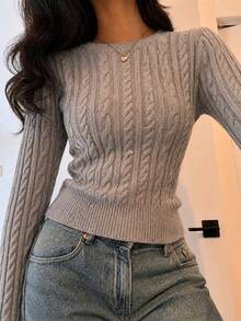Large Round Neck Sweater Pure Girl Style Textured Ribbed Knit Drop Shoulder Pullover Comfortable Daily Basic - Dusty Pink - View 1