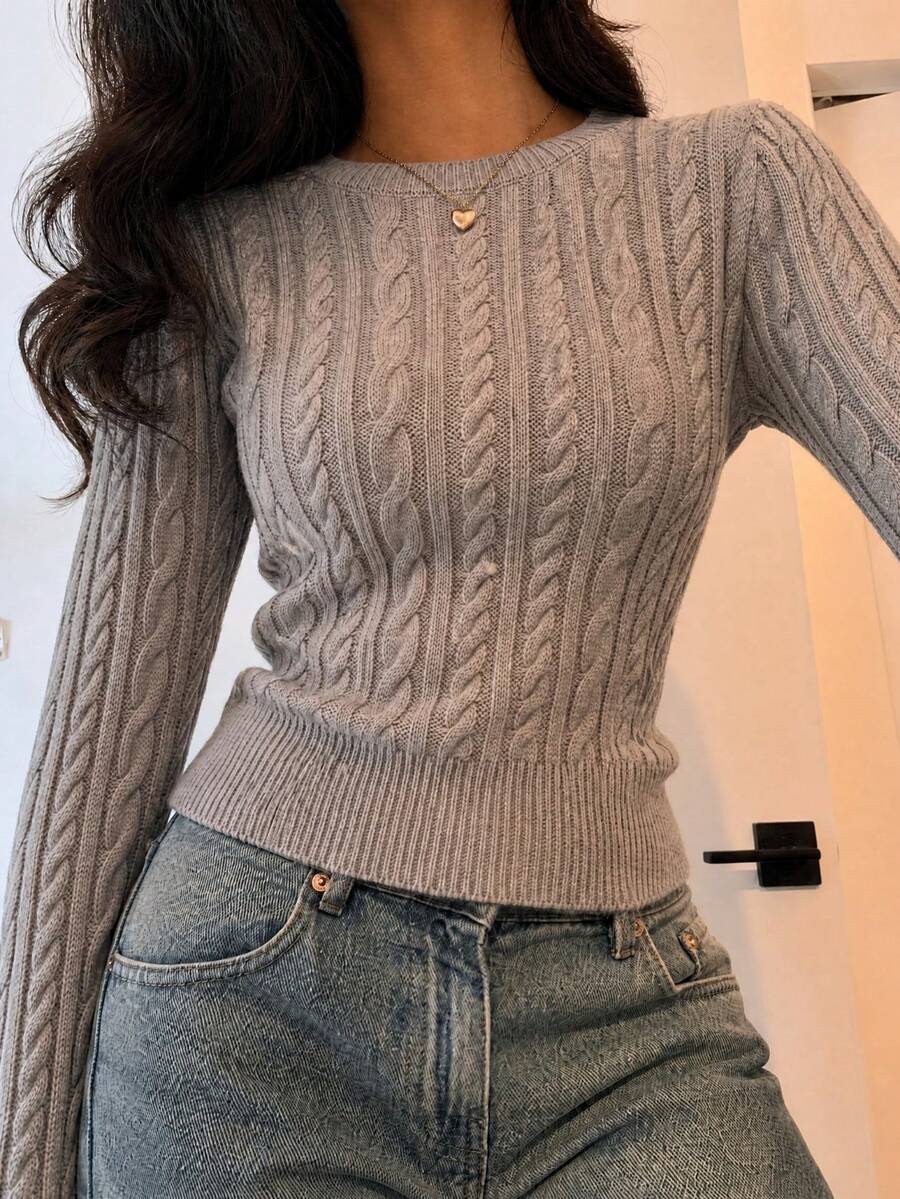 Large Round Neck Sweater Pure Girl Style Textured Ribbed Knit Drop Shoulder Pullover Comfortable Daily Basic - Dusty Pink - View 1