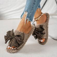 Women's Home Slippers Bow Knot Fashion Fabric Patchwork Casual One-Strap Indoor Autumn Winter Cotton Slippers - Khaki - View 3