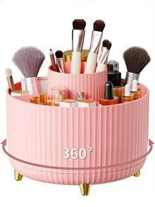 1pc 360° Rotating Makeup Brush Holder, Large Capacity Plastic Cosmetic Storage Organizer, Multi-Compartment Desktop Storage Bin, Bedroom Bathroom Vanity Decor, Holiday Gift - Multicolor - View 16