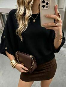 Women's Casual Autumn/Winter Solid Beige Round Neck Batwing Sleeve Knit Top, Button Design Pullover Sweater, Suitable For Daily Office Commute - Black - View 4
