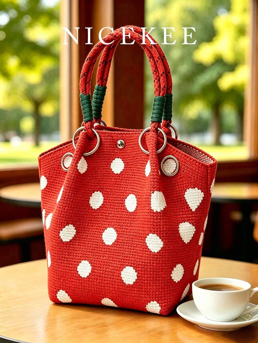 Classic Colorblock Polka Dot Casual Versatile Artistic Bucket Bag, Multi-Functional Daily Commute Handbag, Suitable For Niche Shopping And Dating - Red - View 1